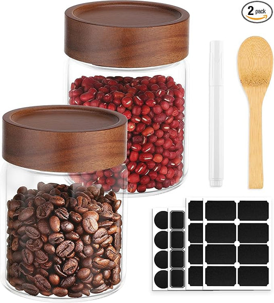 11oz Glass Jar with Wood Lid, 2 Pack 320ml Glass Canister with Airtight Lids, Wooden Screw Top Coffee Jars Clear Kitchen Pantry Containers for Sugar, Tea, Overnight Oats, Bean, Candy, Cookie