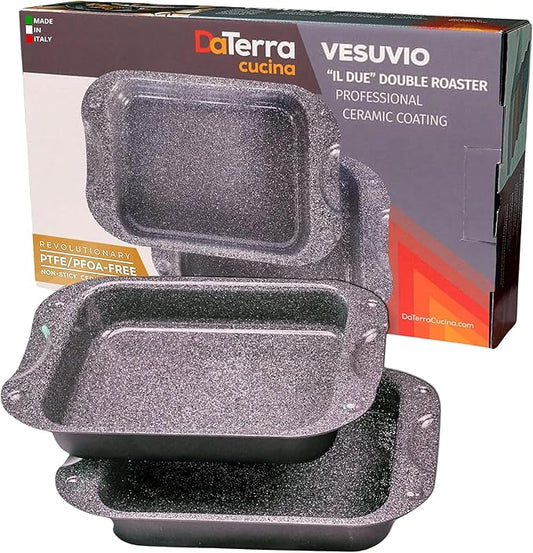 DaTerra Cucina - Nonstick Ceramic Coated Dual Roasting Pan Set – 2 Identical Pans, Oven Safe, Ideal for Roasting, Baking, Searing, Braising, Casseroles, Fits Most Toaster Ovens - 13 x 8 x 4.25