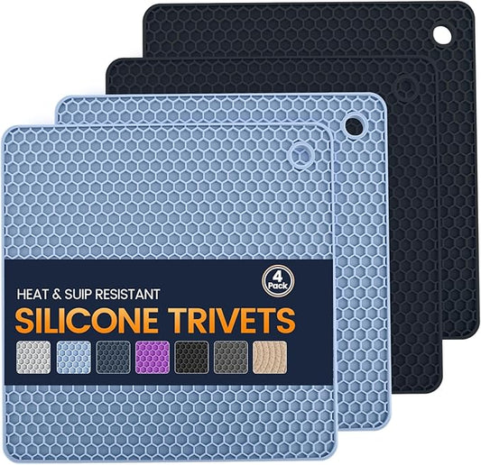 Silicone Trivet Mats 4 Heat Resistant Pot Holders Multipurpose Non-Slip Hot Pads for Kitchen Potholders, Drying mat, Jar Opener, Spoon Holder, Coaster.(Black Nordic Blue)