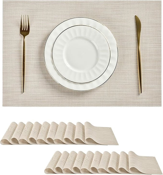 Leetaltree Beige White Placemats Set of 20 - Heat Resistant Non-Slip Place mats for Dining Table, Washable Durable PVC Vinyl Woven Table Mats(Beige White, 20)
