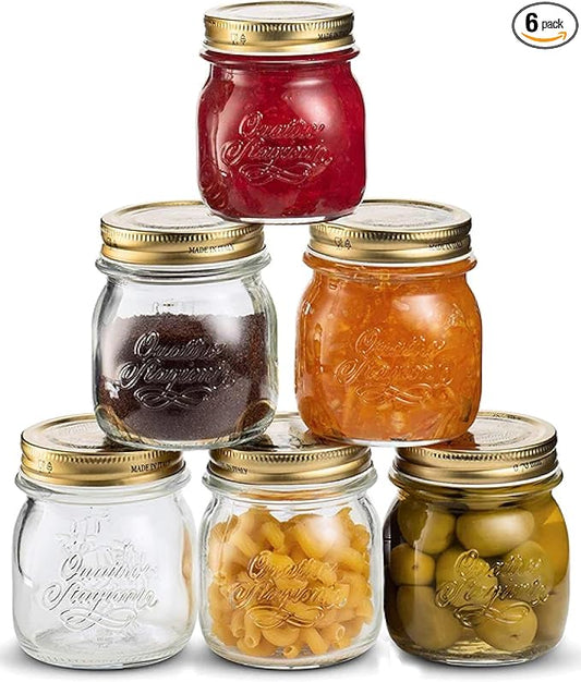 Bormioli Rocco Quattro Stagioni 8.5 Oz. Mason Jar (Set of 6) - Wide Mouth Glass Jar with Airtight Twist Lid - Classic Beehive Embossed Design for Canning, Storage & Recipes - Made in Italy, BPA Free