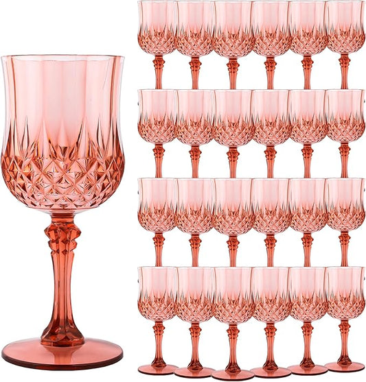 Plastic Wine Glasses, Plastic Goblets Vintage Style Cordial Unbreakable Drinking Glasses, Reusable Drinkware for Wedding Reception, Grand Event Party Supplies (24, Rose Gold)