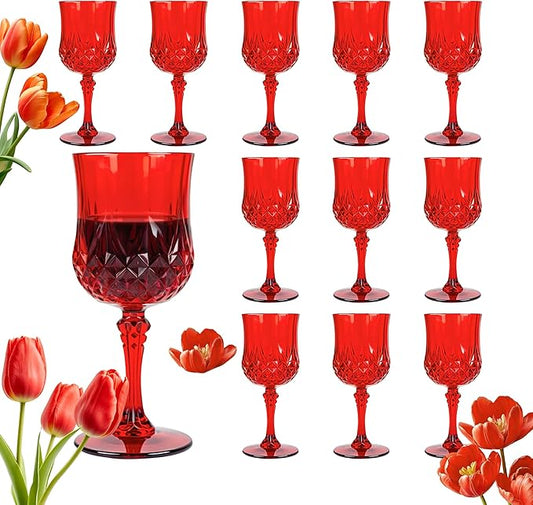 Plastic Wine Glasses, Plastic Goblets Vintage Style Cordial Unbreakable Drinking Glasses, Reusable Drinkware for Wedding Reception, Grand Event Party Supplies,Mother's Day (12, Red)
