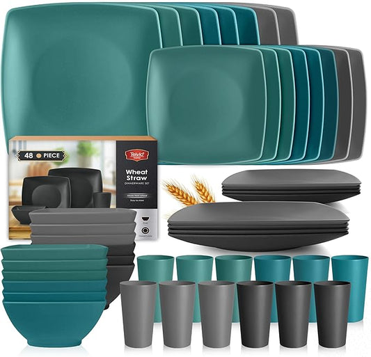 Teivio 48-piece Plastic Wheat Straw Square Dinnerware Set for 12, Unbreakable Dinner Plates, Salad Plates, Snack Bowls, Tumblers 13.5 oz, Dishwasher Safe,Outdoor Kitchen RV Dishes, Coastal Multicolor