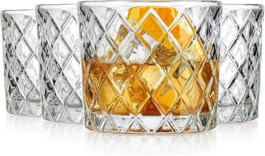 Glaver's Whiskey Glasses Set of 4. 10oz. Double Old Fashioned Glass for Cocktail Bourbon Rock Glasses,Bar Glass for Scotch Tequlia Rum. Diamond Cut. Gift for him
