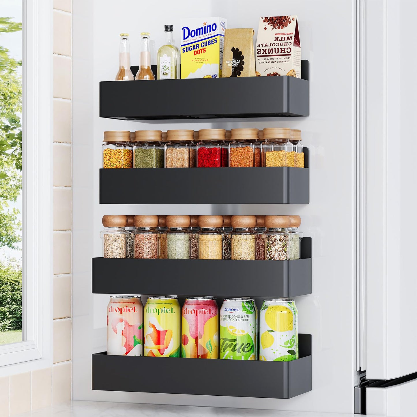 Mystozer Magnetic Spice Rack for Refrigerator, Kitchen Organizer and Storage Shelf, Black (4 Pack)…