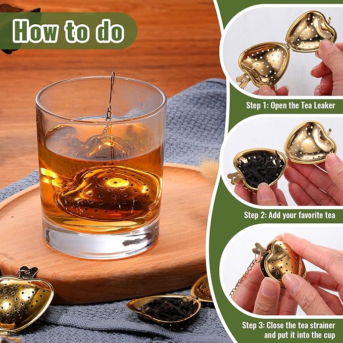 Sumind 50 Pcs Stainless Steel Tea Strainer Ball Infuser Loose Leaf Steeper Interval Diffuser Heart Shape Mesh Filters with Extended Chain Hook for tea party Seasonings Cup Bottle(Gold)