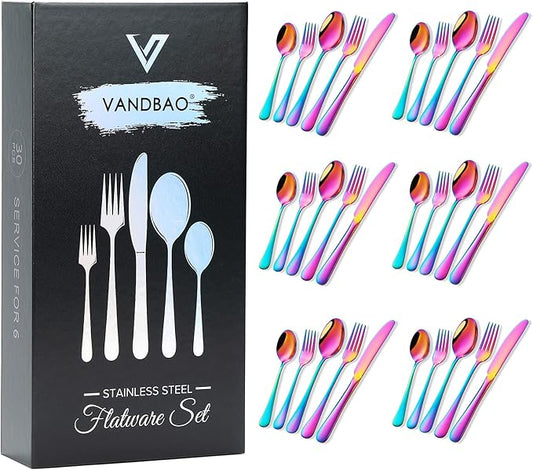 Rainbow Silverware Set Flatware Cutlery - 30 Pieces Stainless Steel Colorful Utensils, Tableware Set Service for 6, Include Knife/Fork/Spoon, Reusable, Mirror Polished, Dishwasher Safe