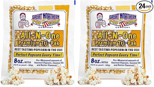 Movie Theater Style Popcorn Packs - Pre-Measured 8-Ounce All-in-One Kernel,Salt,Oil Packets for Popping Machines by Great Northern Popcorn,(Pack of 24)