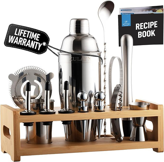 Zulay Kitchen 24 Piece Bartender Kit-Stainless Steel Bar Accessories with Display-Modern Mixology Shaker Set for At-Home Cocktails-Use for Mixer, Martini, Margarita and Liquer-Bar Tools (Silver)