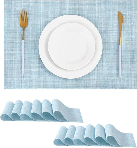 Leetaltree Soft Sky Blue Woven Placemats Set of 12 - Heat Resistant Non-Slip Place mats for Dining Table, Washable Durable PVC Vinyl Woven Table Mats(Sky Blue, 12)