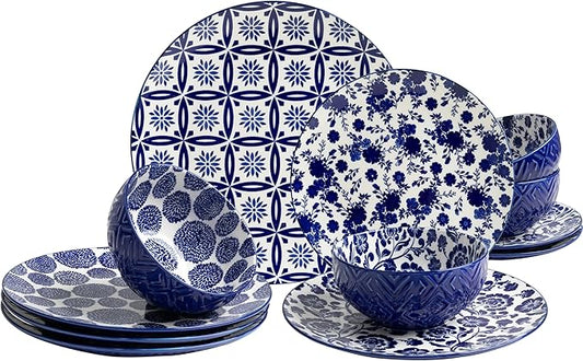 LEHAHA 12 Pieces Modern Porcelain Dinnerware Set，Service for 4, Ceramic Plates and Bowls Sets, Kitchen Dinner, Salad, Dessert Plate and Cereal Bowl Set, Ceramics Dishes Set, Blue and White