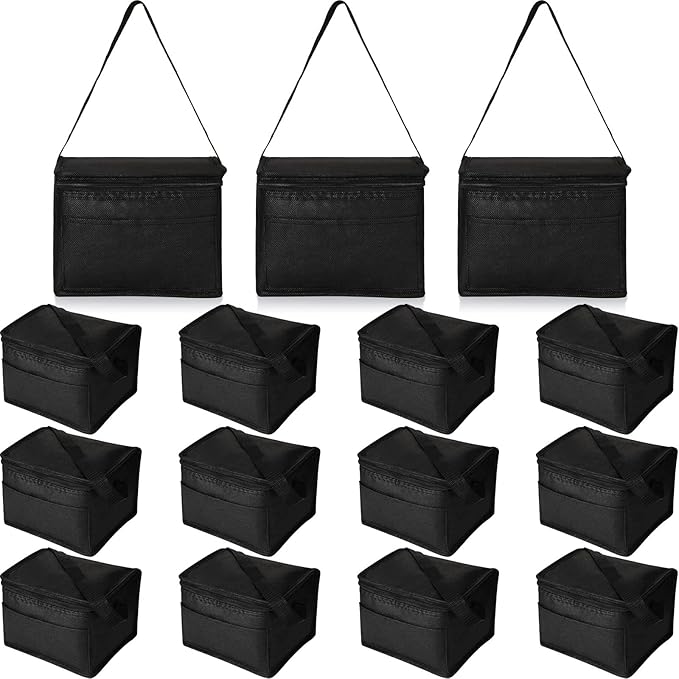 Nuogo 15 Pack Insulated Lunch Bags Bulk, Reusable Cooler Boxes, Leakproof Lunch Boxes Set, Waterproof Thermal Coolers, Insulated Beverage Bag for Women Men Work Picnic Beach(Black)