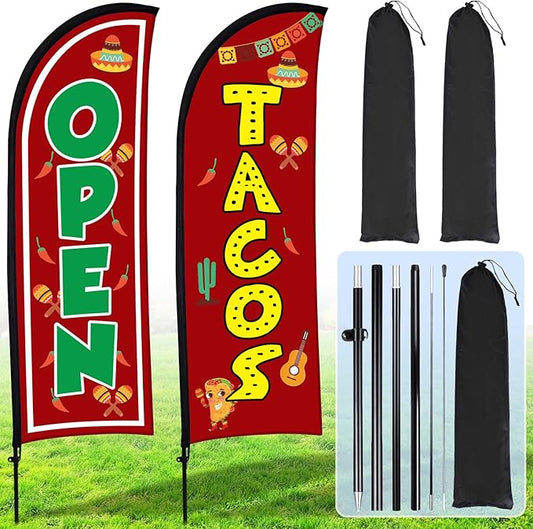 Buryeah Feather Banner Feather Flag Taco Sign Business Signs for Outside Open Flags for Businesses with Pole Ground Stake Portable for Mexican Restaurants, Diners, Markets (Red)
