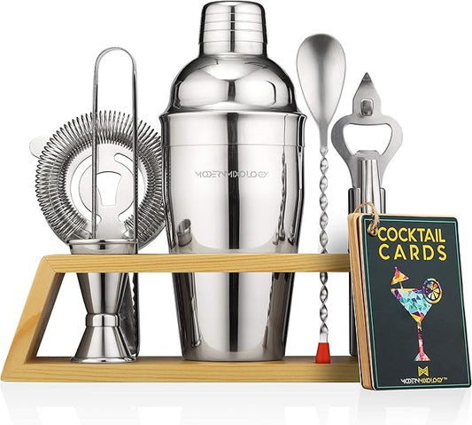 Bartender Kit with Bamboo Stand, Cocktail Shaker Set and Bar Accessories for Home Bar, Drink Mixing, and Mixology Kit