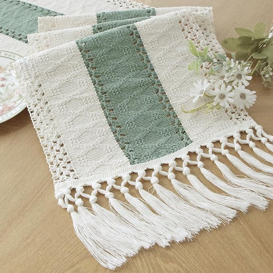 FEXIA Sage Green Table Runner 90 Inches Long with Tassels Boho Macrame Farmhouse Table Runners for Home Decor Party Bohemian Rustic Bridal Shower Dining Decor (12x90 Inches)