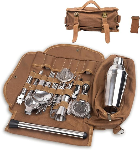 31Pcs Travel Bartender Kit–Bartending Kit with Bar Tools Bartender Accessories,Canvas Tool Bag–Professional Stainless Steel Bar Tools Set,Bar Set Cocktail Shaker Set for Home Cocktail Making,Camping