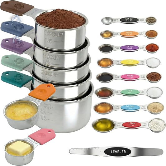 16-Pcs Measuring Cups & Magnetic Spoons Set with Leveler, Food-Grade Stainless Steel, Stackable Design, Silicone Handles, Precise Metal Measuring Cups and Spoons Set for Cooking & Baking (Multicolor)