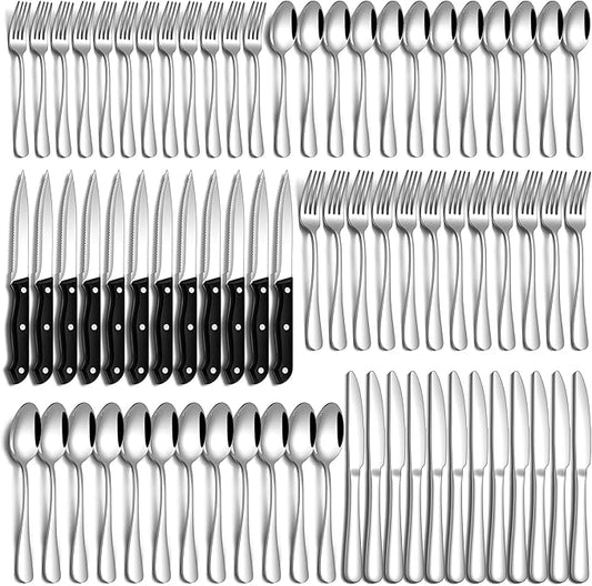 PHILIPALA 72 Pcs Silverware Set with Steak Knives Food-Grade Stainless Steel Flatware Set for 12 Mirror Cutlery Include Forks Spoons and Knives Set Dishwasher Safe Utensil Sets for Home Restaurant