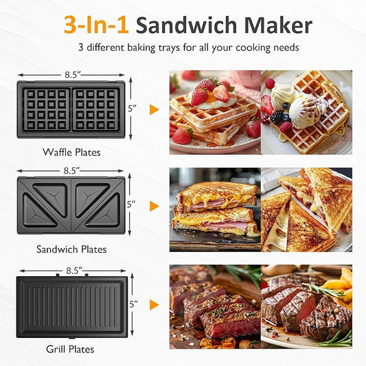 Sunvivi 3 in 1 Sandwich Maker, Electric Waffle Maker with Removable Non-stick Plates, 1000W Panini Press Grill with Glass Top, Cool Touch Handle & Easy to Clean, Black