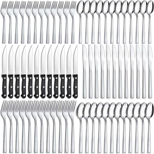 Hunnycook 72-Piece Silverware Set - Stainless Steel Silverware Set for 12, Include Fork Knife Spoon Set, Mirror Polished Flatware Set, Cutlery Set for Home Kitchen Restaurant, Dishwasher Safe