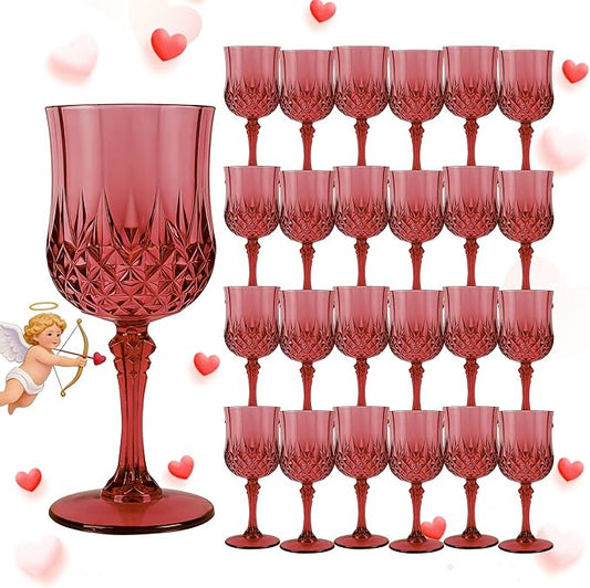 Plastic Wine Glasses, Plastic Goblets Vintage Style Cordial Unbreakable Drinking Glasses, Reusable Drinkware for Wedding Reception, Grand Event Party Supplies, Mother's Day (24, Burgundy)