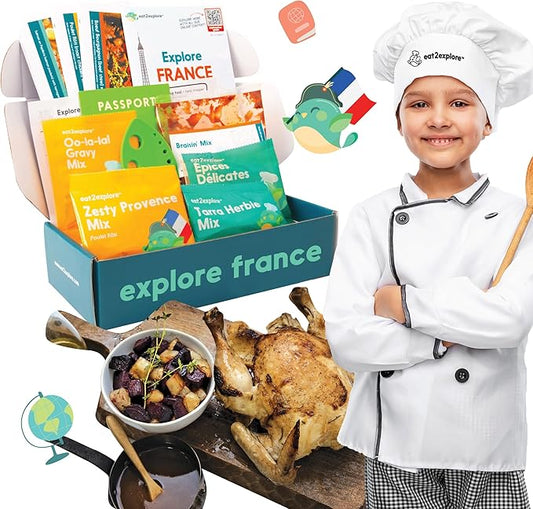 eat2explore Cooking Kits for Kids 14 Pcs – Interactive & Educational Kids Cooking Sets Real for Ages 5 and Up,3 Recipe Cards & Global Ingredients – Fun for Young Chefs (France Edition)