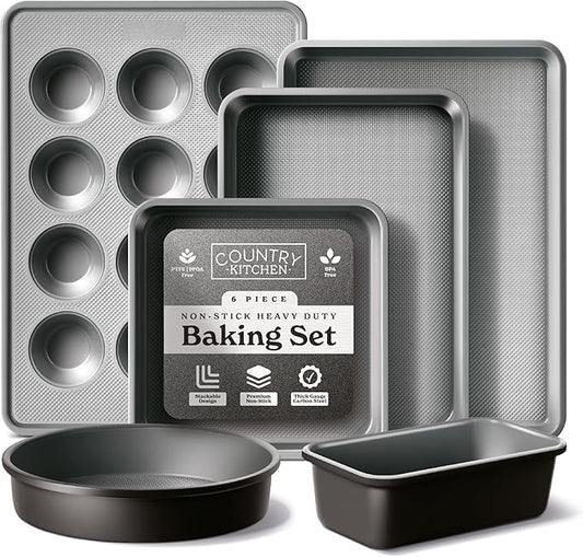 Country Kitchen Nonstick Stackable Bakeware Set - Durable, Easy Release Baking Set, Black, 6 Pcs