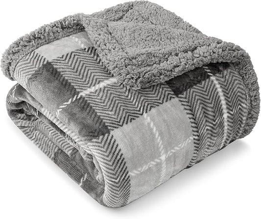 Pavilion Light Grey Plaid Sherpa Throw Blanket for Couch Twin, Plush Flannel Fleece Throws, Soft Fuzzy Cabin Blanket for Sofa Bed, Warm Cozy Winter Gift, 60x80