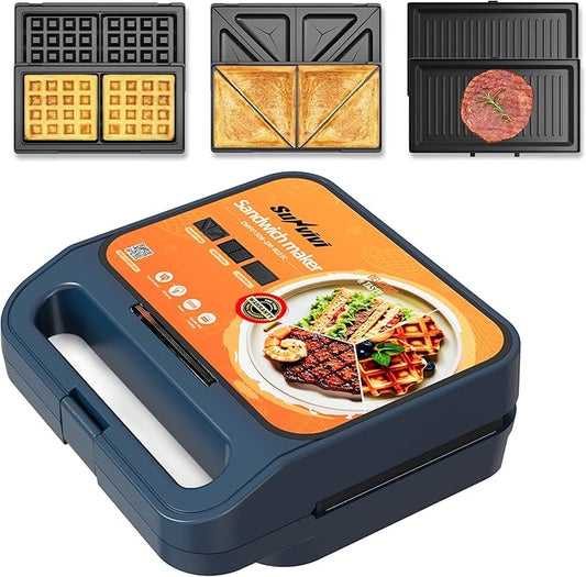 Sunvivi 3 in 1 Sandwich Maker, Electric Waffle Maker with Removable Non-stick Plates, 1000W Panini Press Grill with Glass Top, Cool Touch Handle & Easy to Clean, Blue