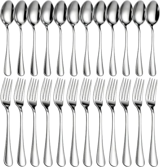 24 Piece Forks and Spoons Silverware Set for 12, Stainless Steel Dinner Forks and Spoons Silverware Set, Heavy-Duty Cutlery Set, Dishwasher Safe (Silver)