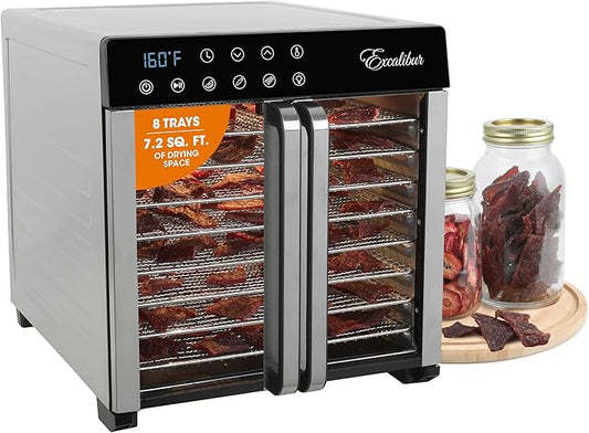 Excalibur Food Dehydrator 8-Tray for Jerky, Fruit, Vegetables, Herbs, Pet Treats, 7.2 Cu Ft Drying Space with Adjustable Temperature Control and 80 hour digital timer, 8-Tray, Stainless Steel