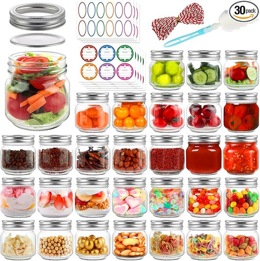 30 Pack Mason Jars 8 oz with Regular Lids and Bands, Half Pint Canning Jars, Small Glass Jars for Honey Jelly Jam Crafts