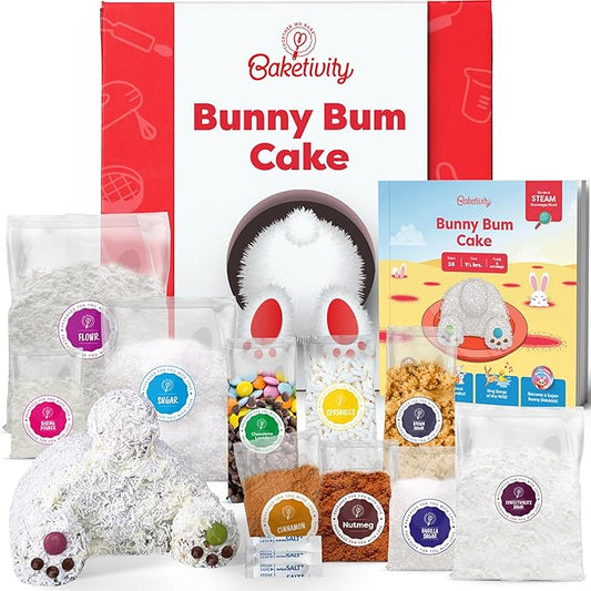Baketivity Bunny Bum Cake - Kids Baking Kit with Premeasured Ingredients, Step-by-Step Instructions, STEM Lessons - Cake and Cupcake Decorating Kit for Kids - Cooking and Baking Kit - Best Easter Gift