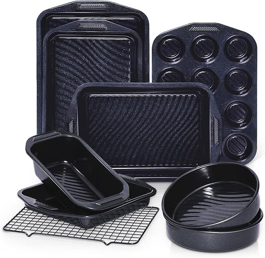 HONGBAKE 9-Piece Non Stick Baking Pans Set with Wave Texture for Reduced Oil, 0.8mm Thick Non Toxic Bakeware Sets, Includes Stackable Cookie Sheets for Oven Cooking, Cake Pan, Muffin Pan, Blue