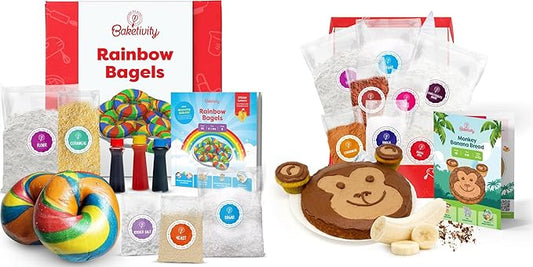 Baketivity Rainbow Bagel & Monkey Banana Bread Baking Kit Bundle – DIY Kids Cooking Set with Pre-Measured Kosher Ingredients, Illustrated Recipes, Video Guides & STEM Activities – Ages 6-12+