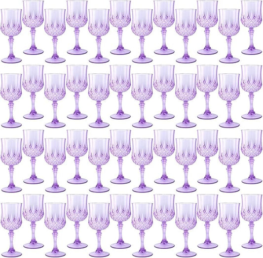 Plastic Wine Glasses, Plastic Goblets Vintage Style Cordial Unbreakable Drinking Glasses, Reusable Drinkware for Wedding Reception, Grand Event Party Supplies (48, Purple)