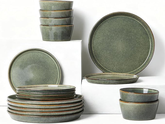 Pokini Dinnerware Sets, Microwave Safe Plates and Bowls Sets, Dishes Set for 6, Chip & Scratch Resistant Dinner Set, Hand Glazed Farmhouse Dishware Sets, Green Wheat