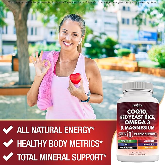 NEW AGE COQ10 200mg Red Yeast Rice, Omega 3, Magnesium Complex, Zinc Vitamin K2 D3 - Heart Health Support Vitamins for Women and Men with Vitamin B3, Coenzyme Q10-60 Count
