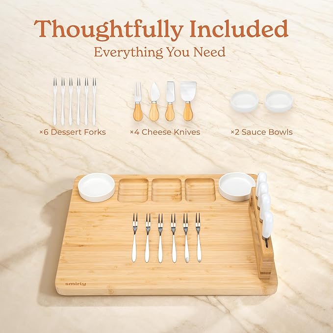 SMIRLY Charcuterie Boards Set, Large Cheese Board Set, Natural Bamboo Charcuterie Tray Cheese Platter with Accessories - Housewarming Gifts New Home, Wedding & Bridal Shower Gifts for Women, Couples