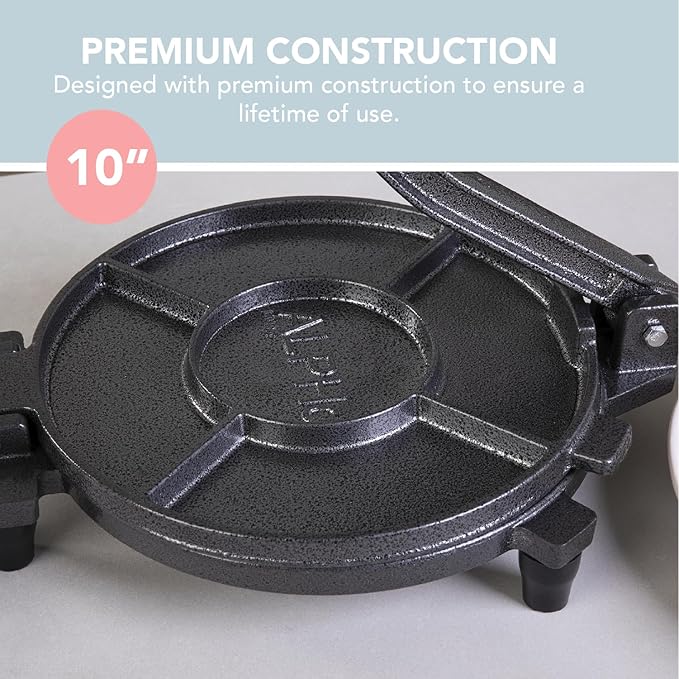 ALPHA LIVING Tortilla Press – 10 Inch Cast Iron Quesadilla Maker – Heavy Duty Empanada Maker Press – Cast Iron Tortilla Maker for Kitchen, Home Use