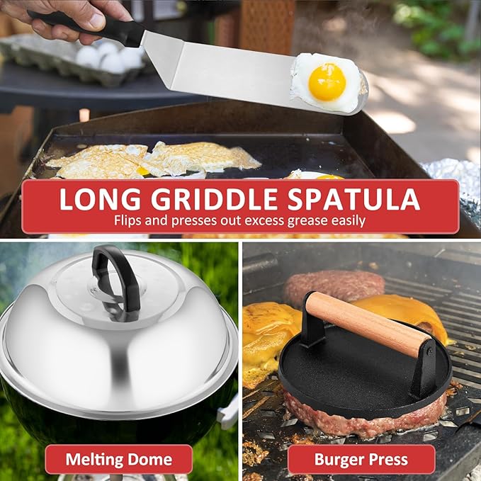 25Pcs Griddle Accessories Kit, Leonyo Flat Top Grill Accessories for Outdoor, Professional BBQ Griddle Tools Smash Burger Press Kit with Enlarged Spatulas Scraper, Basting Cover - PP Handle