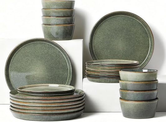 Pokini Dinnerware Sets, Microwave Safe Plates and Bowls Sets, Dishes Set for 8, Chip & Scratch Resistant Dinner Set, Handcrafted Farmhouse Dishware Sets, Green Wheat