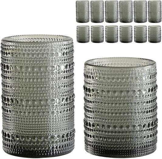 ZMOWIPDL Vintage Glassware Drinking Glasses Set of 12,Grey 12oz & 15oz Hobnail Glass Cups,Embossed Water Tumbler,for Beer,Cocktail,Whiskey,Juice and Various Mixed Drinks- 1 Cleaning Brush
