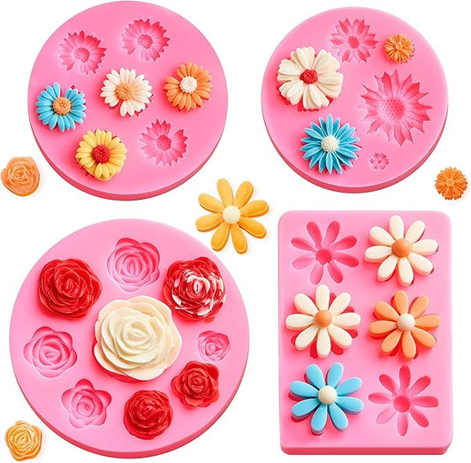Puyeipt 4 Pcs Flower Silicone Fondant Molds, Daisy Rose Flower Chocolate Candy Molds for Cupcake Topper, Cake Pop Decoration and Clay Craft Making