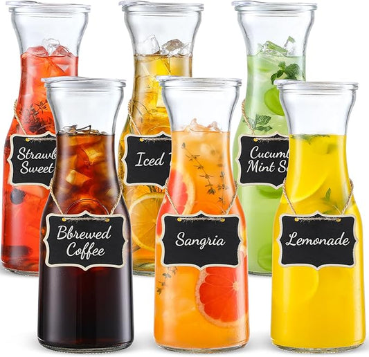 Set of 6 Glass Carafe with Lid, 1 Liter Beverage Serveware Carafe, Clear Glass Pitcher for Mimosa Bar, Brunch, Cold Water, Juice, Milk, Iced Tea, Lemonade