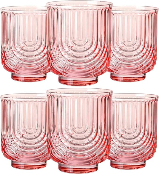JOVGANK Pink Vintage Drinking Glasses Set of 6-14Oz Pink Glass Drinking Glasses, Art Deco Ripple Highball Glass, Whiskey Cocktail Glasses, for Bar Coffee Juice, Housewarming and Mother's Day Gift