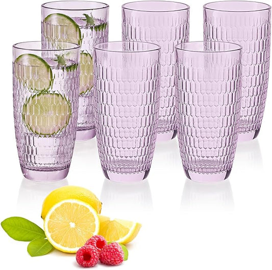 CREATIVELAND Highball Beverage Glasses Set of 6 Romantic Colored Thick & Heavy Base Big Capacity 14.87oz|440ml, Drinking Glass Tumblers for Iced Tea, Water, Soda & Juice and Cocktails (Purple)