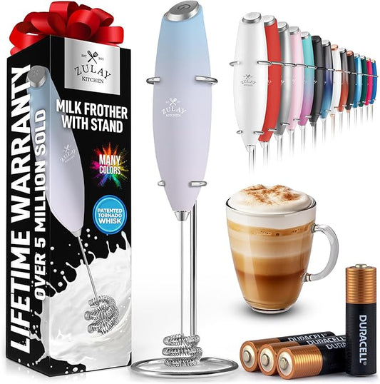 Zulay Kitchen Patented Tornado Triple Whisk Milk Frother with 4 Duracell Batteries – Handheld Foam Maker for Coffee, Lattes, Matcha & Hot Chocolate – Rich, Creamy Froth in Seconds - Sky Cloud