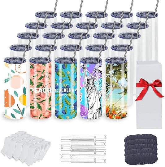 25 Pack 20oz Sublimation Tumblers Bulk With Flat Edge, 20OZ Flat Sublimation Tumbler Blank, Skinny Straight Stainless Steel Blanks Cups with Individual Box(25, 20OZ)